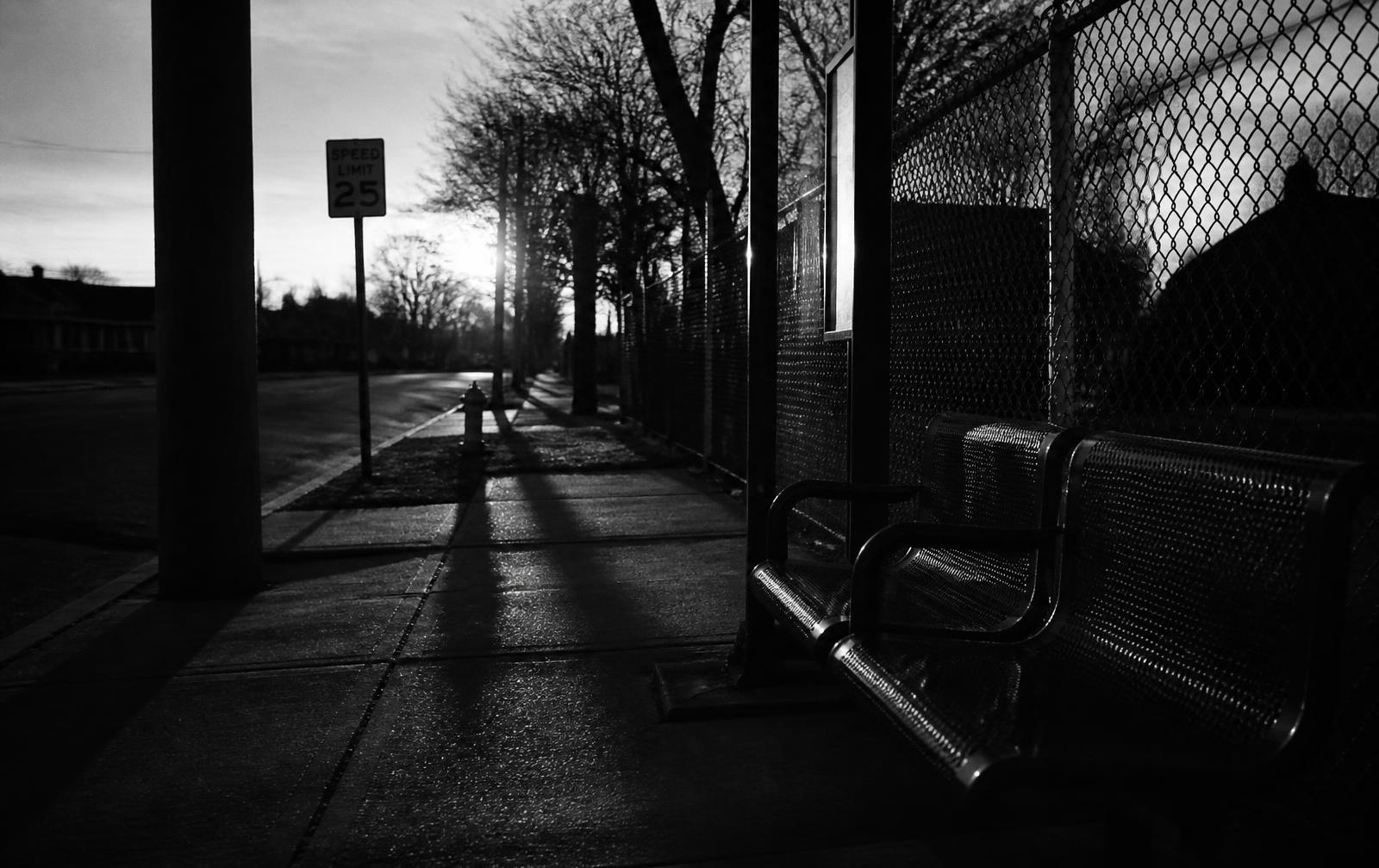 A neighborhood street photographed at eye level in black and white