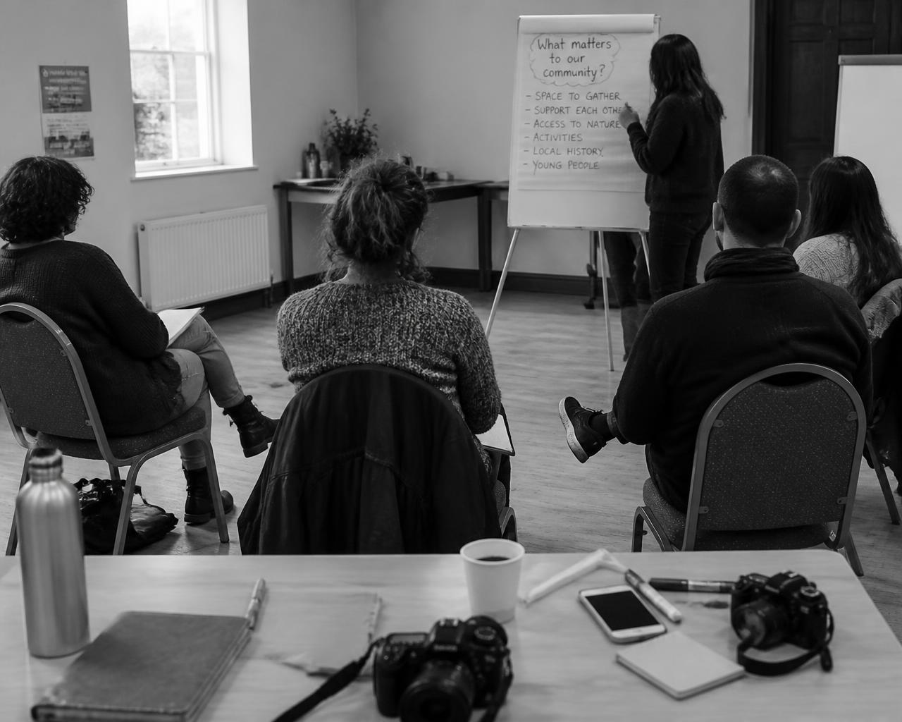Participants seated around a table with printed photographs between them