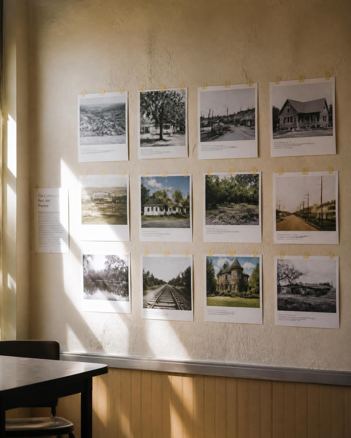 Printed community photographs taped in a grid on a sunlit wall